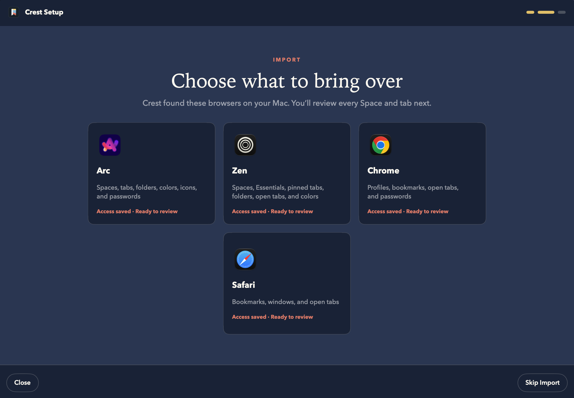 Crest Setup offering imports from Arc, Zen, Chrome, and Safari on Mac