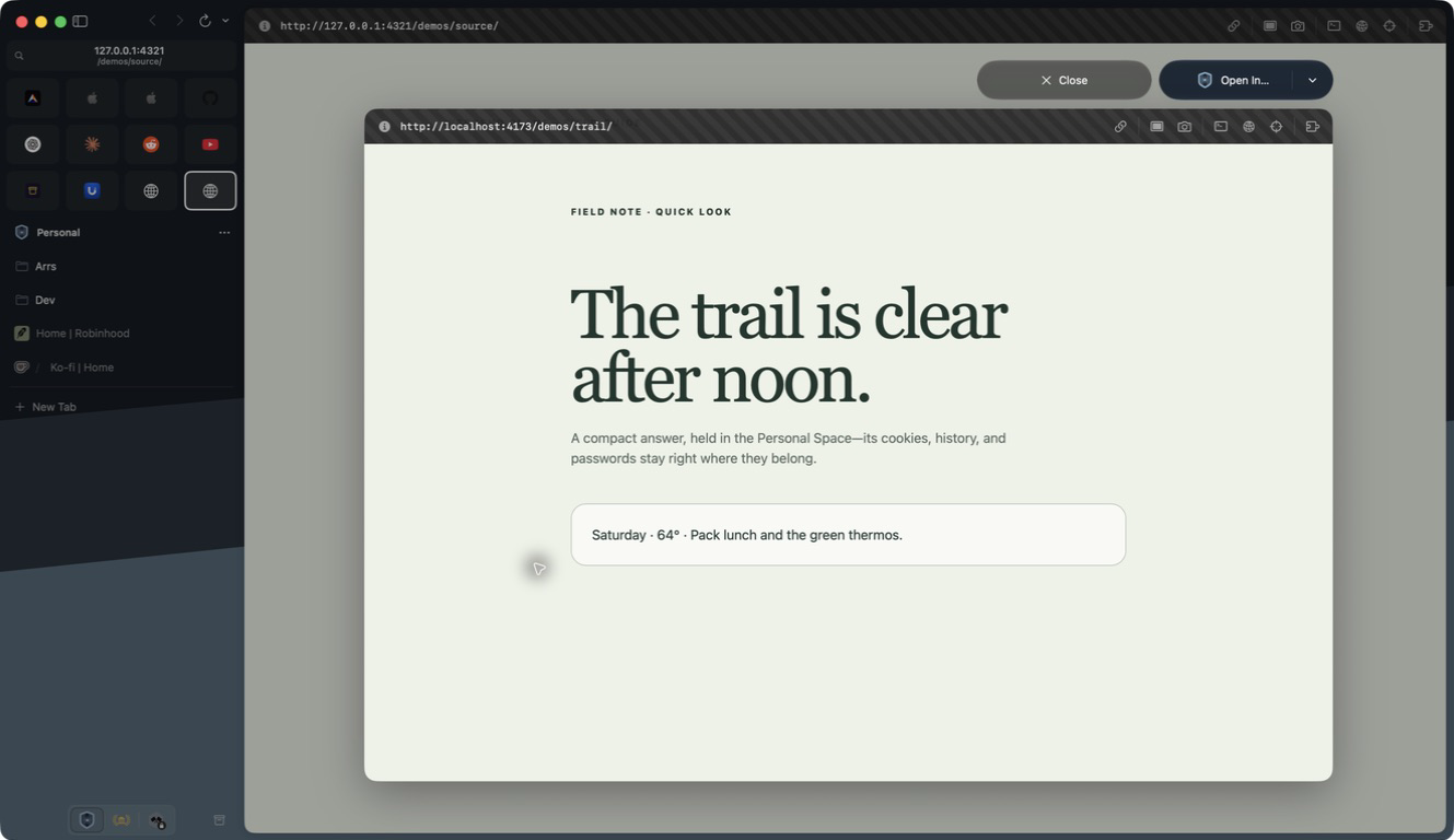 Current Crest Peek displaying a trail note above its dimmed source page
