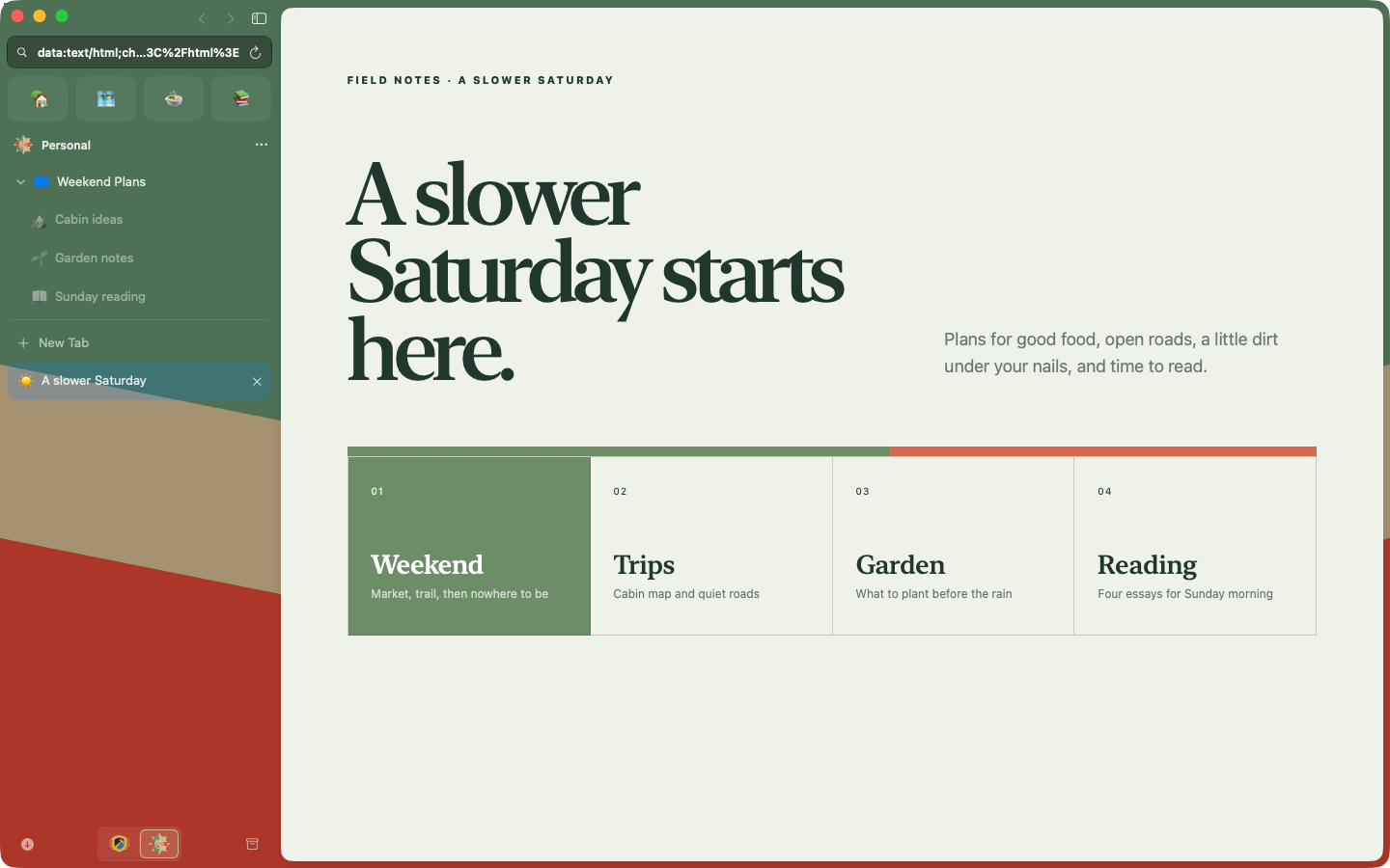 Crest on macOS showing the Personal Space and its weekend dashboard
