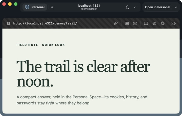 Current Crest Quick Window showing a trail note with its automatic localhost toolbar