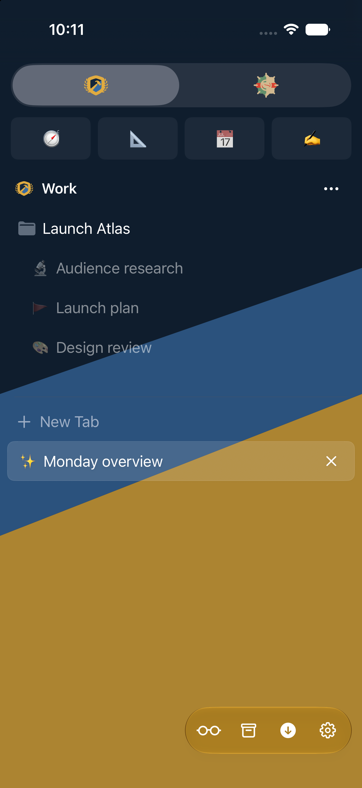 Crest on iPhone showing the dedicated full-screen Work Space sidebar