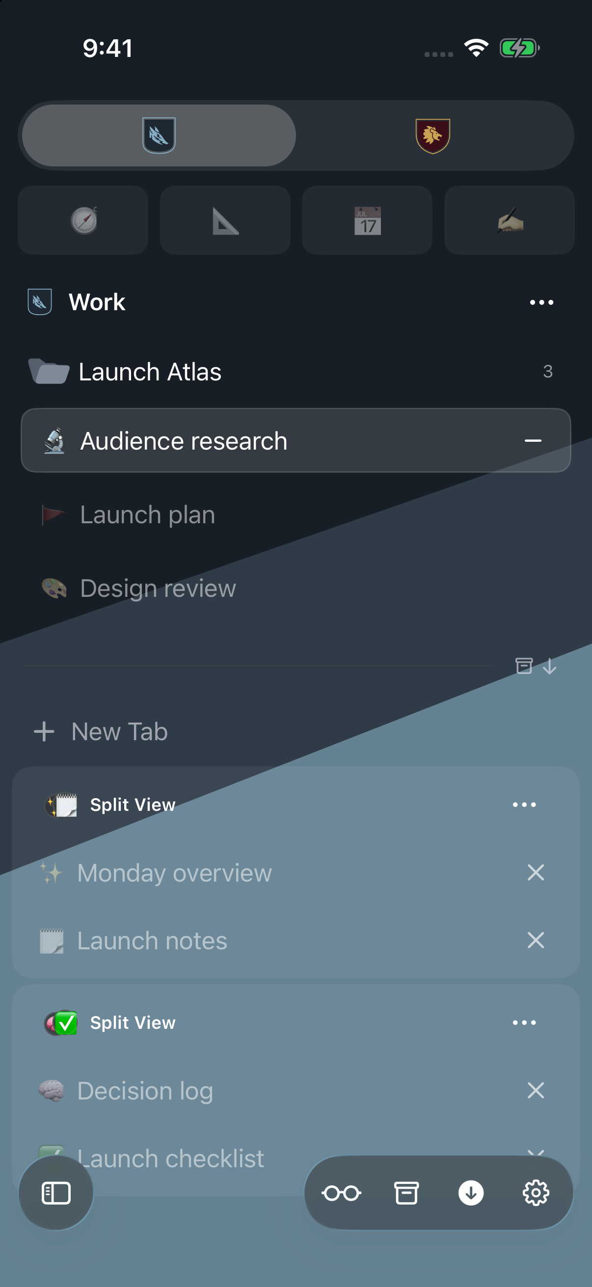 The same Winter Work Space, Launch Atlas folder, and selected Audience research tab in the iPhone sidebar, with Lion Personal second
