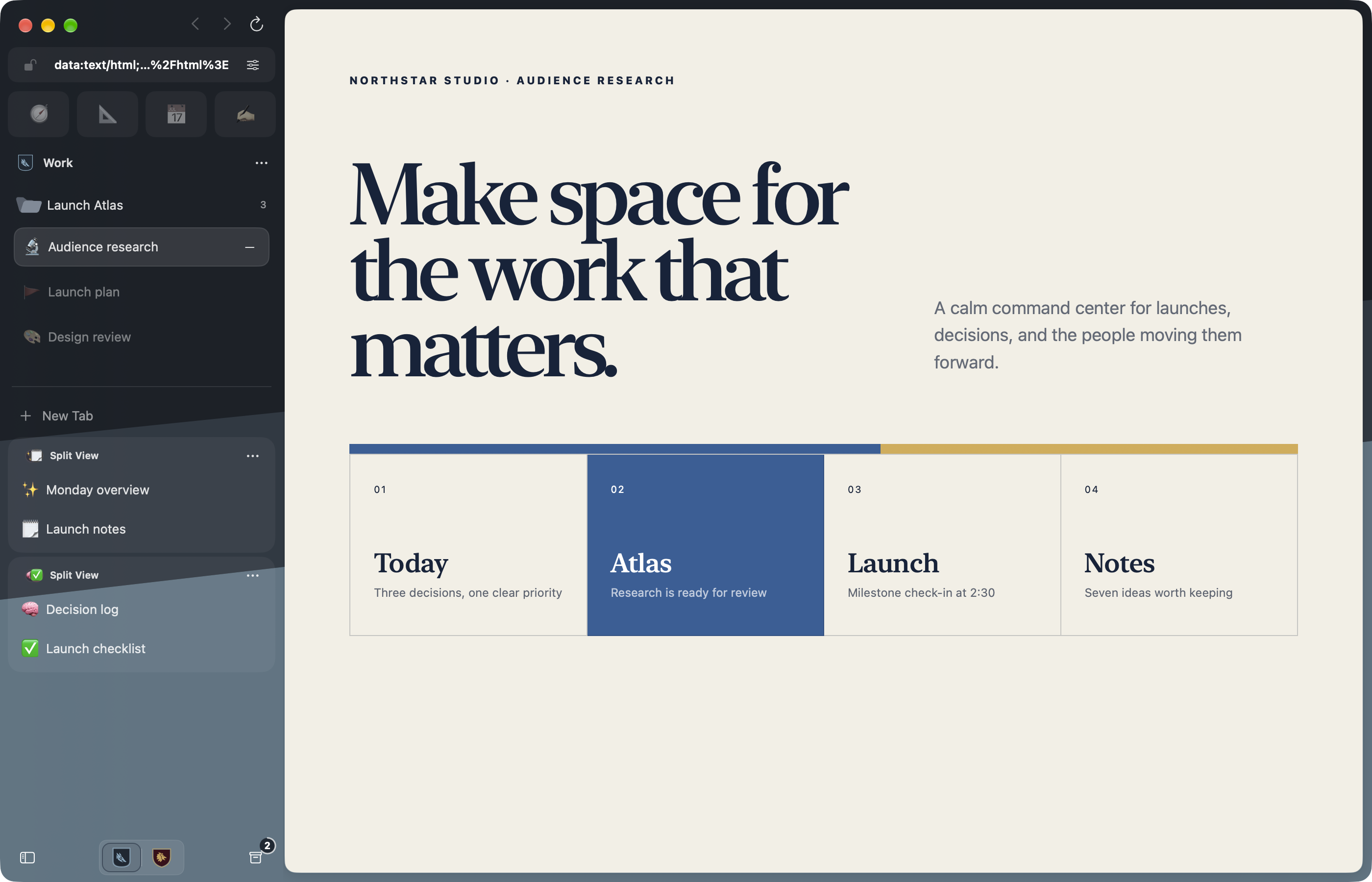Crest on Mac with Winter Work first, Lion Personal second, and Audience research open beside the Launch Atlas folder