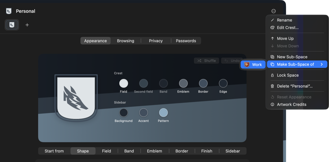 The … menu on Personal's page in Settings, with Make Sub-Space of open and Work listed