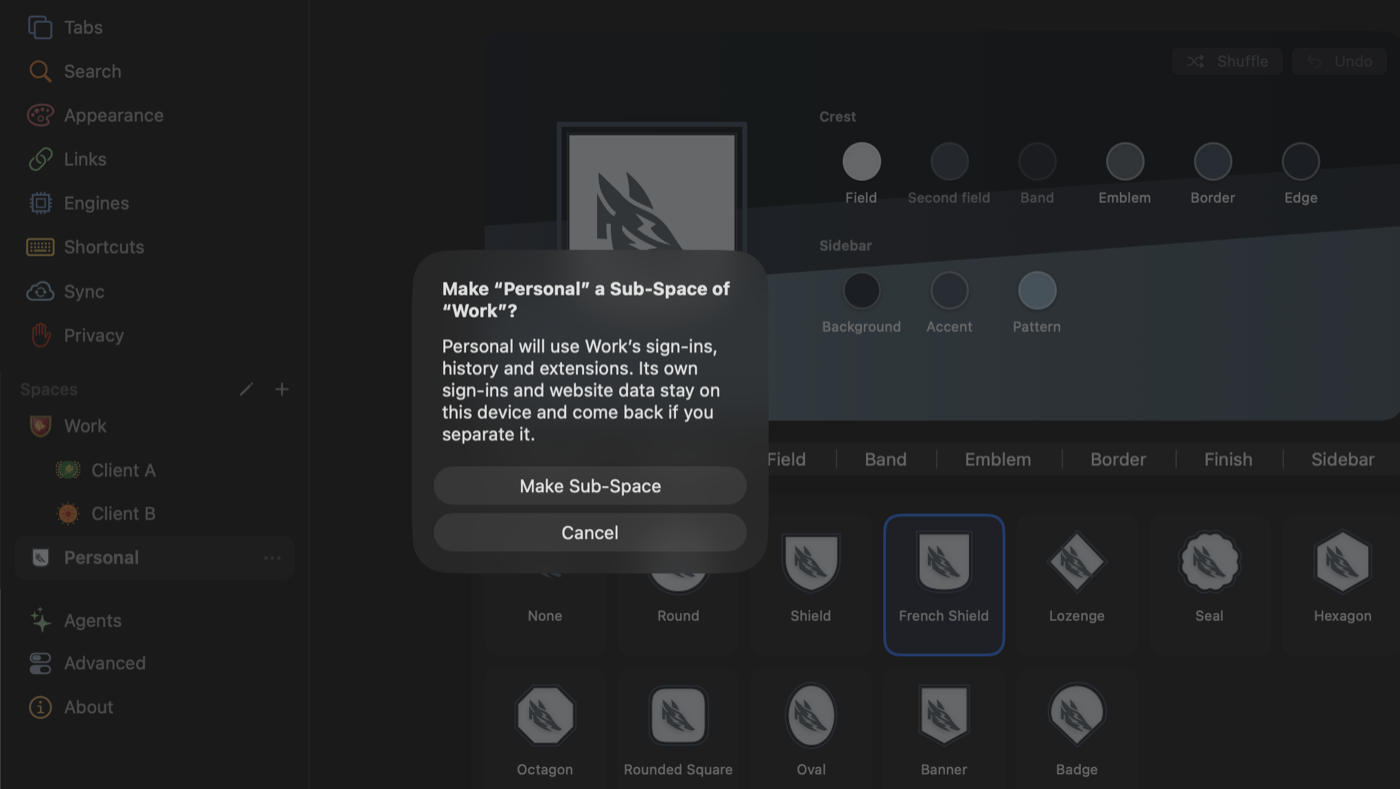 A confirmation asking to make Personal a Sub-Space of Work, with Make Sub-Space and Cancel buttons