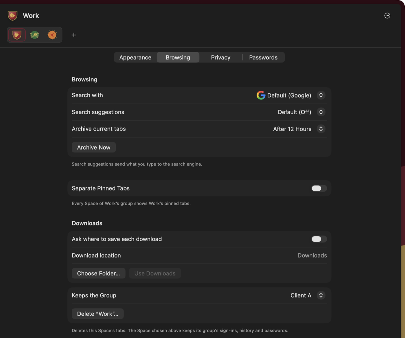 Work's Browsing page in Settings, with the Separate Pinned Tabs switch off and Keeps the Group set to Client A