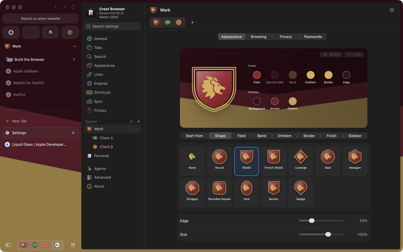 Crest Settings with Client A and Client B indented under Work in the sidebar, and Work's page showing the crests of Work, Client A and Client B